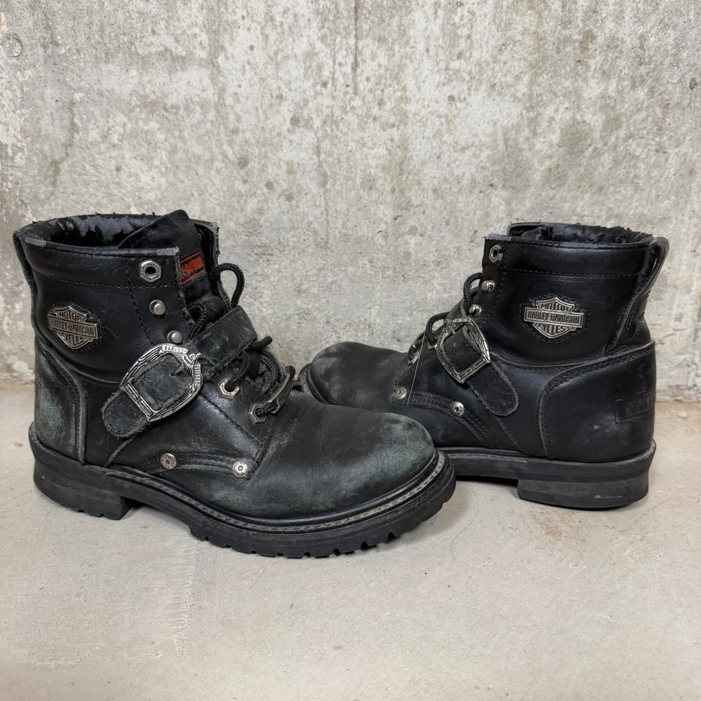 Harley Davidson Womens Black Leather Biker Boots Buckle Lug Sole Size 6.5